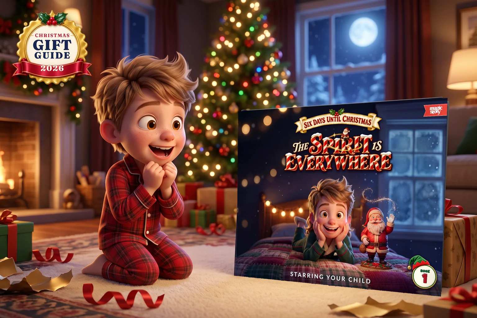 A boy in red plaid pajamas gasps with delight beside a hardcover of The Spirit Is Everywhere, Book 1 of Six Days Until Christmas, by the tree.