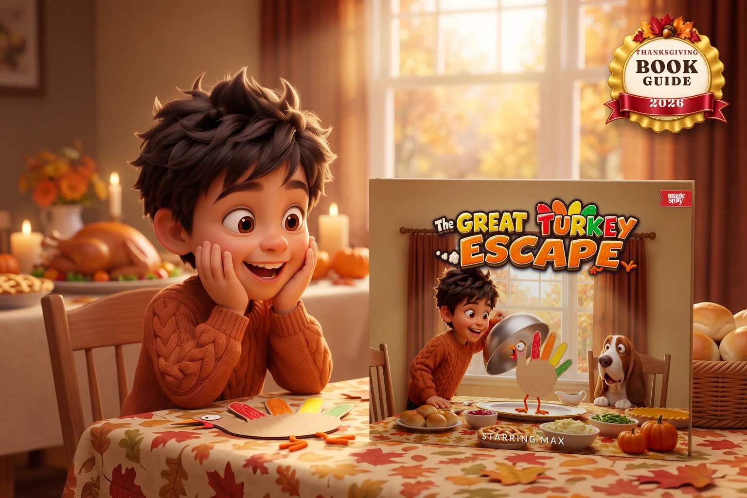 A boy in a rust-orange sweater gasps with delight at a hardcover of The Great Turkey Escape on the Thanksgiving table, its cover showing him and a paper hand turkey.
