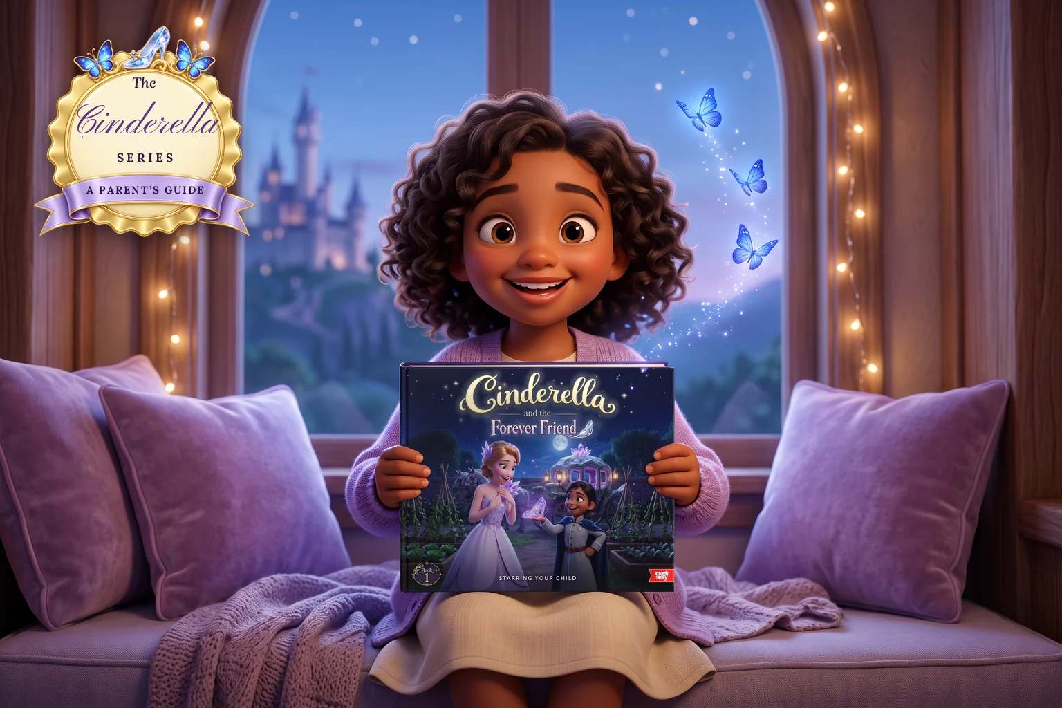 A smiling girl on a window seat holds up Cinderella and the Forever Friend, Book 1 of the Cinderella Series, as blue butterflies rise from the book.