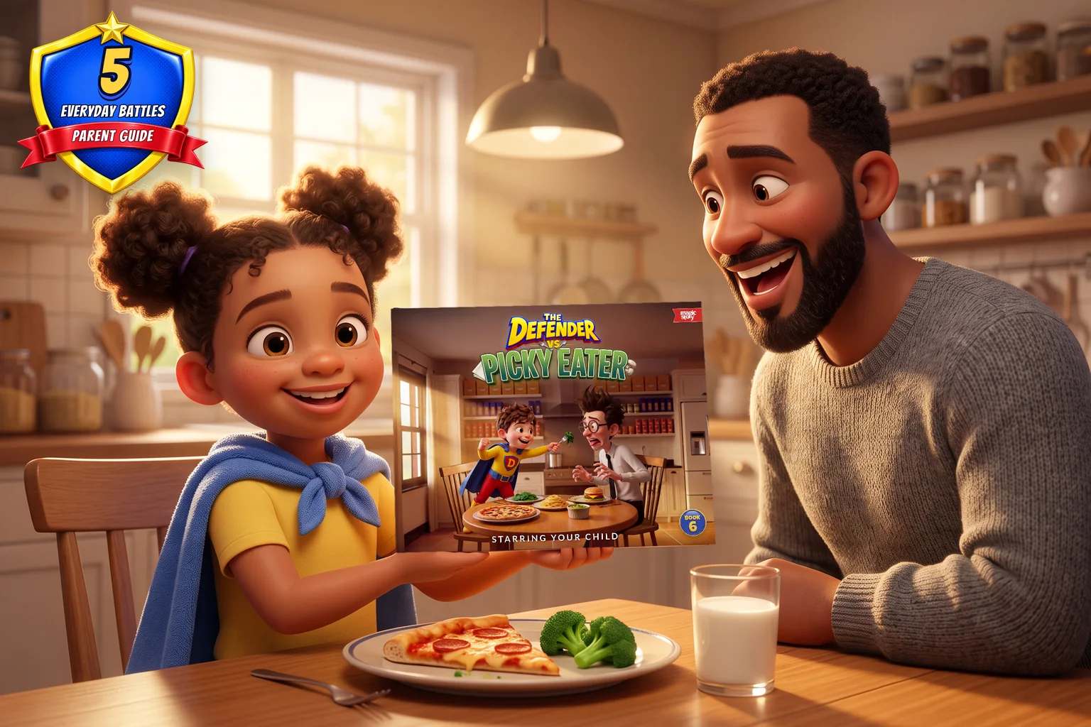 A girl in a blue towel cape holds up a hardcover of The Defender vs Picky Eater at the dinner table while her dad laughs beside her.