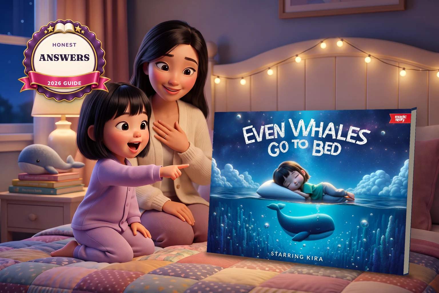 A girl in lilac pajamas gasps and points at a hardcover of Even Whales Go to Bed on her bed while her mother smiles beside her.