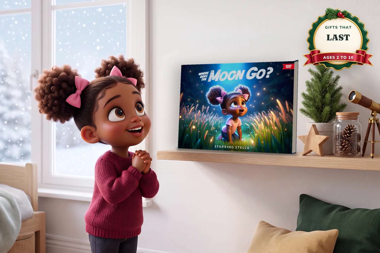 A girl with pink bows smiles up at a hardcover of Where Does the Moon Go? standing on a tidy shelf beside a small evergreen and a brass telescope.