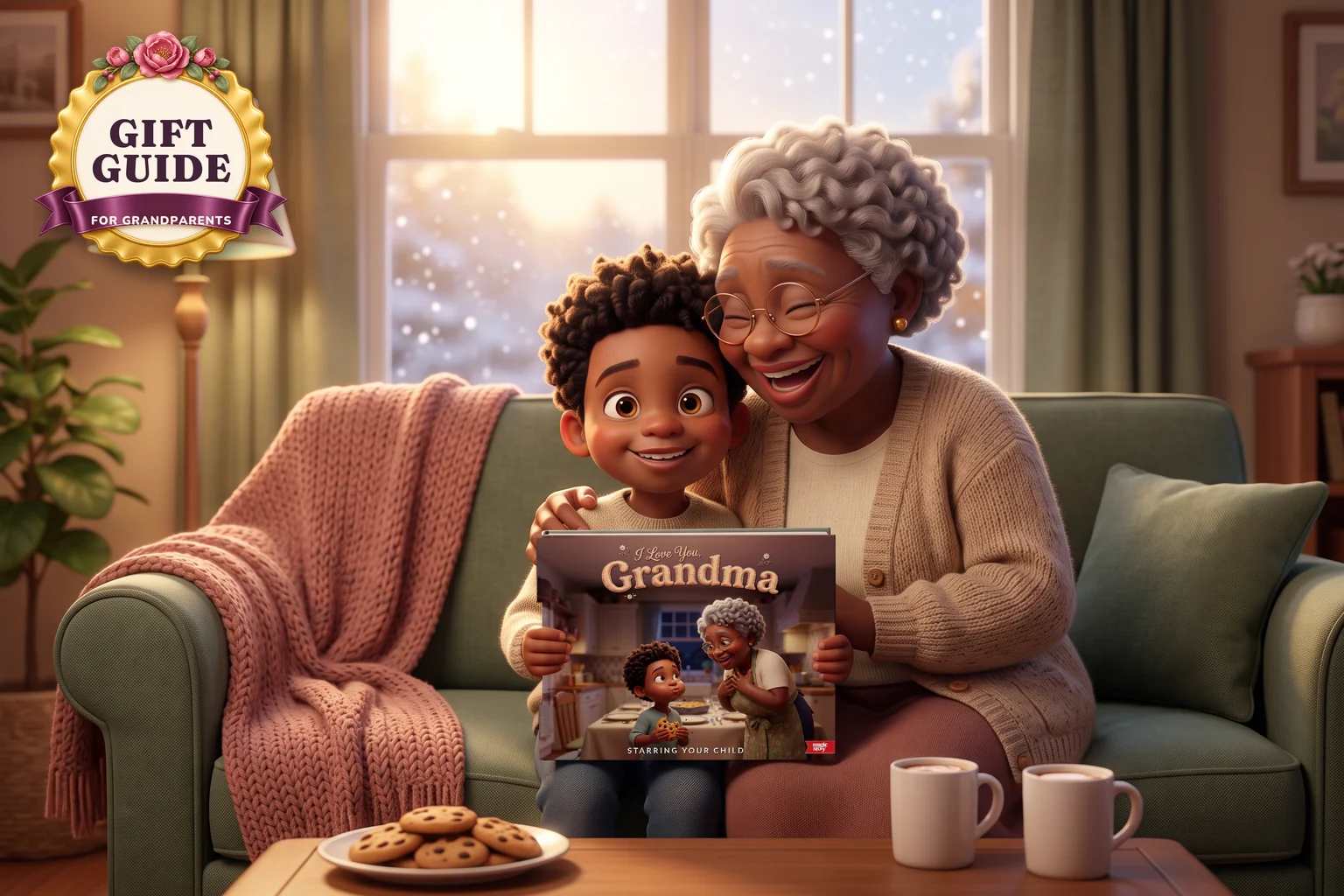 A grandmother hugs her grandson on the sofa as he holds up a hardcover of I Love You Grandma.