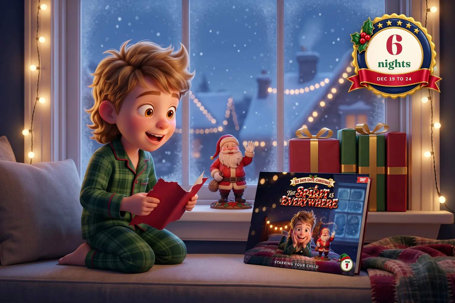 A boy in green plaid pajamas gasps at a hardcover of The Spirit Is Everywhere, Book 1 of Six Days Until Christmas, on a window seat beside a carved wooden Santa.