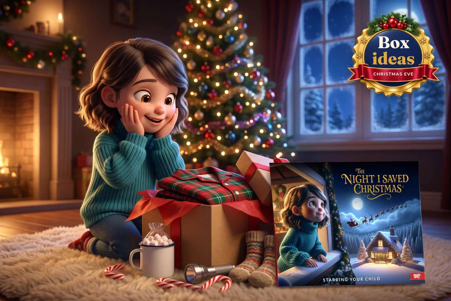 A girl in a teal sweater kneels by an open Christmas Eve box of plaid pajamas, cocoa and a flashlight, beside a hardcover of The Night I Saved Christmas.