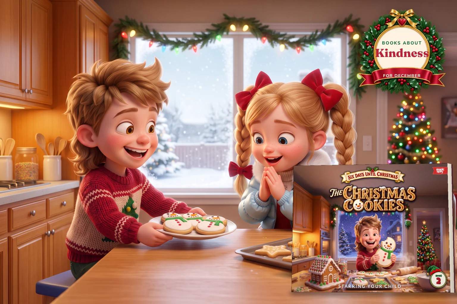 A boy in a holiday sweater offers a plate of snowman cookies to a delighted girl with red bows, beside a hardcover of The Christmas Cookies.