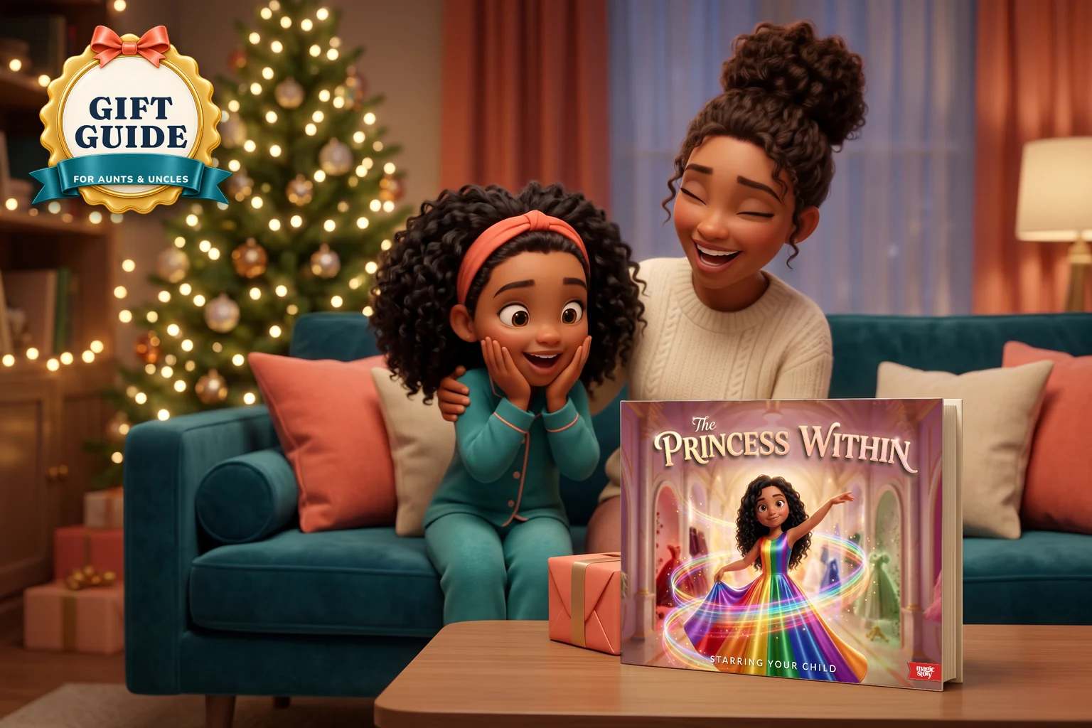 A girl gasps with delight on the sofa beside her laughing aunt as she spots a hardcover of The Princess Within standing on the coffee table.