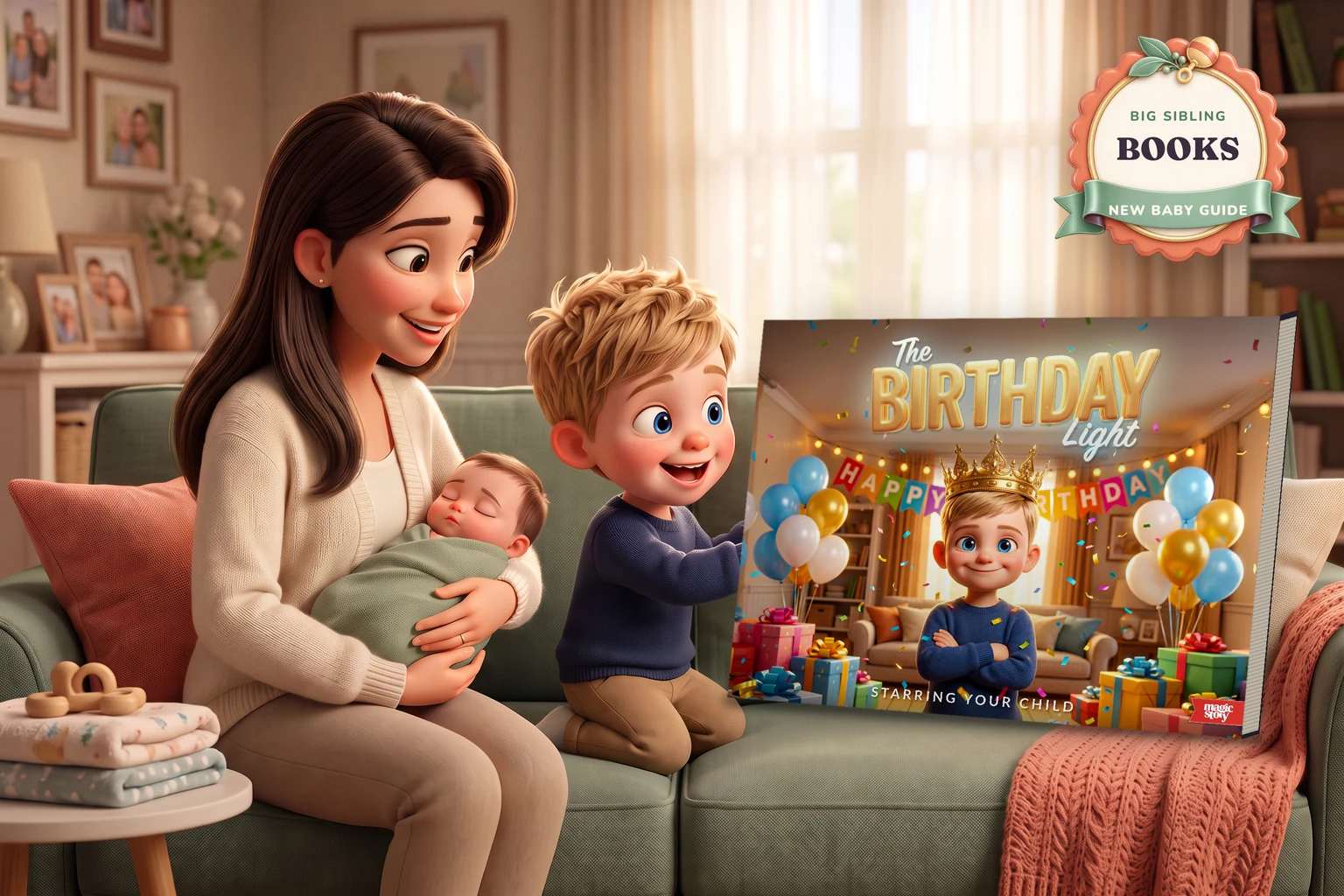 A proud boy points at a hardcover of The Birthday Light on the sofa while his mother holds his sleeping newborn sibling beside him.