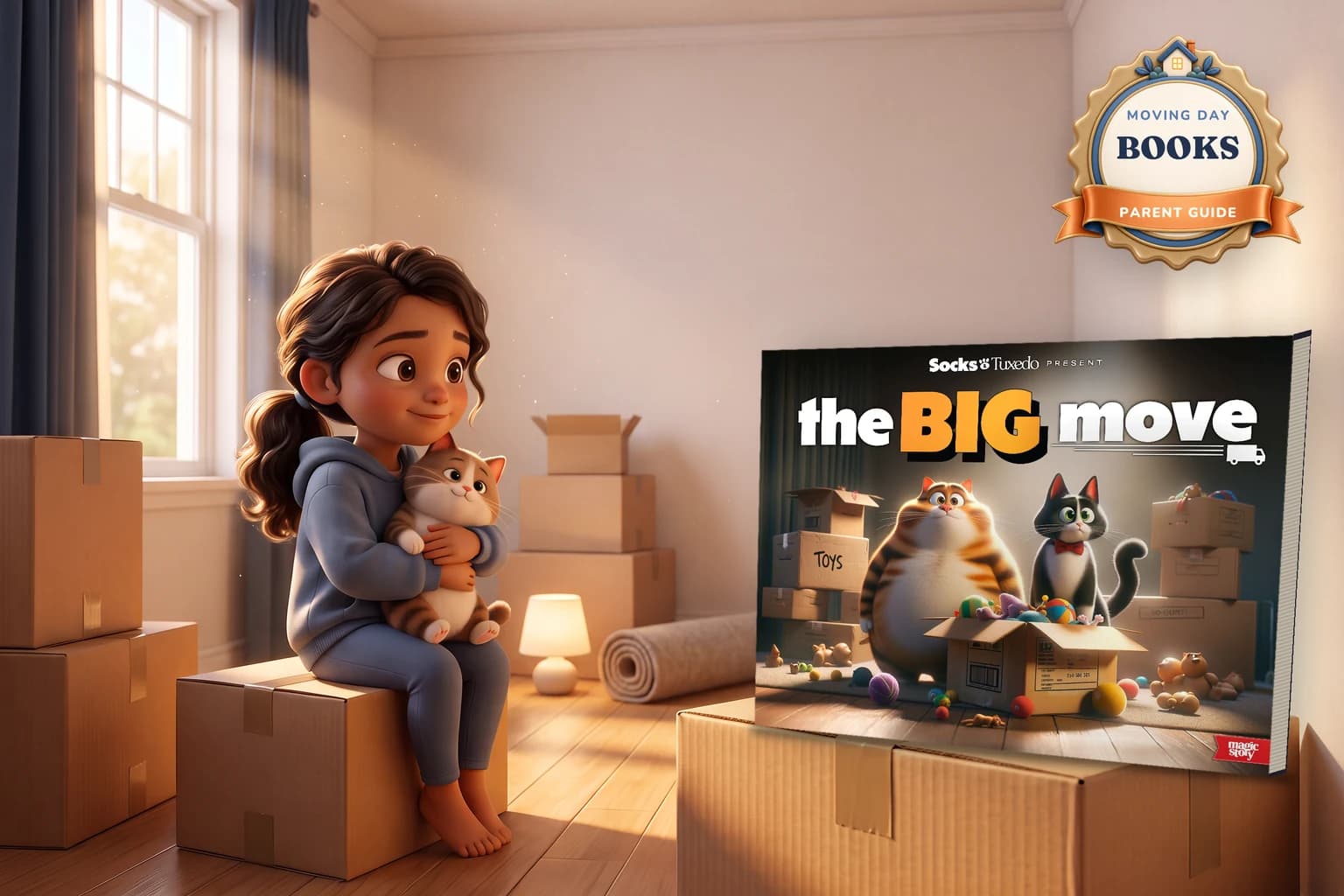 A girl hugging a plush cat sits on a moving box in an empty new bedroom beside a hardcover of Socks & Tuxedo: The Big Move.