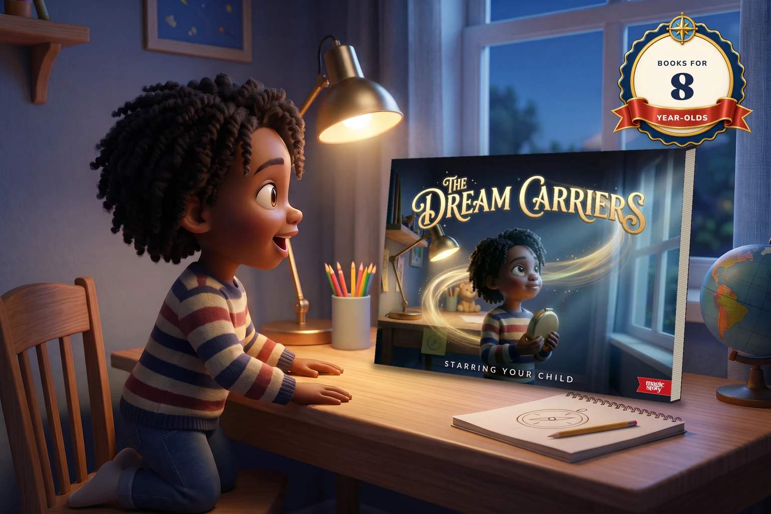 A girl about eight kneels at her desk in the evening and gasps at a hardcover of The Dream Carriers standing in the lamplight, with herself on the cover.