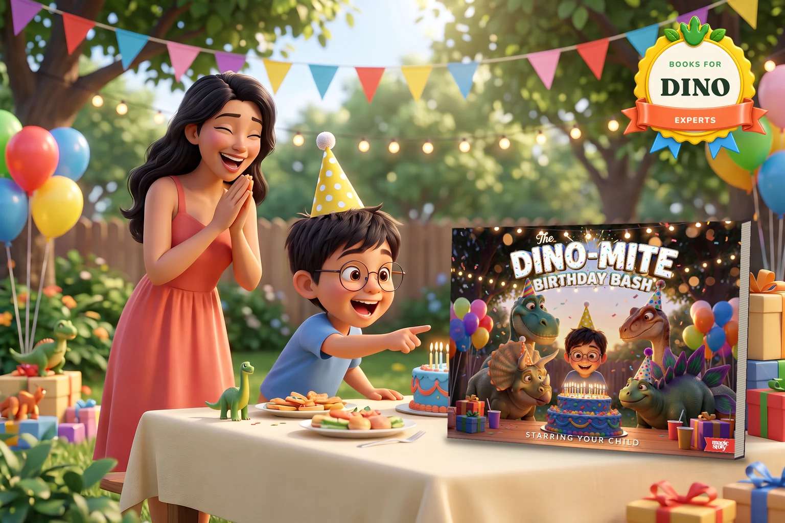 A boy in glasses and a party hat gasps and points at a hardcover of The Dino-Mite Birthday Bash standing on a backyard party table, while his mother laughs behind him.