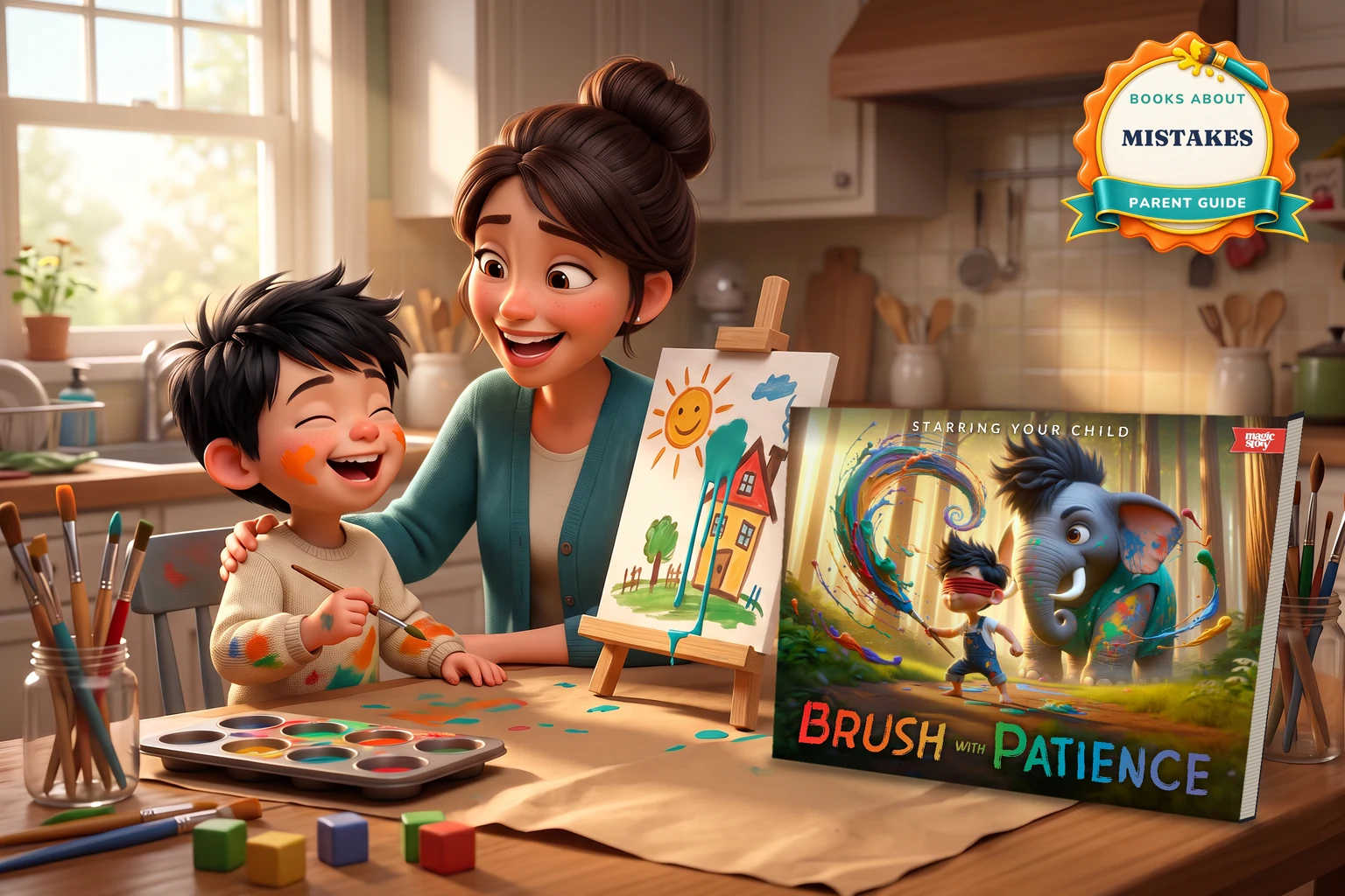 A laughing boy with orange paint on his cheek sits beside his lopsided painting while his mother laughs with him, next to a hardcover of Brush With Patience.