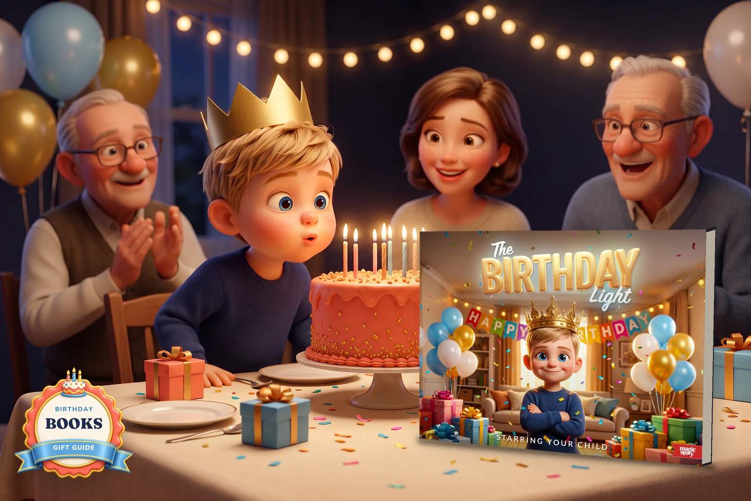 A boy in a gold paper crown leans in to blow out the candles on a coral birthday cake while his family cheers, beside a hardcover of The Birthday Light.