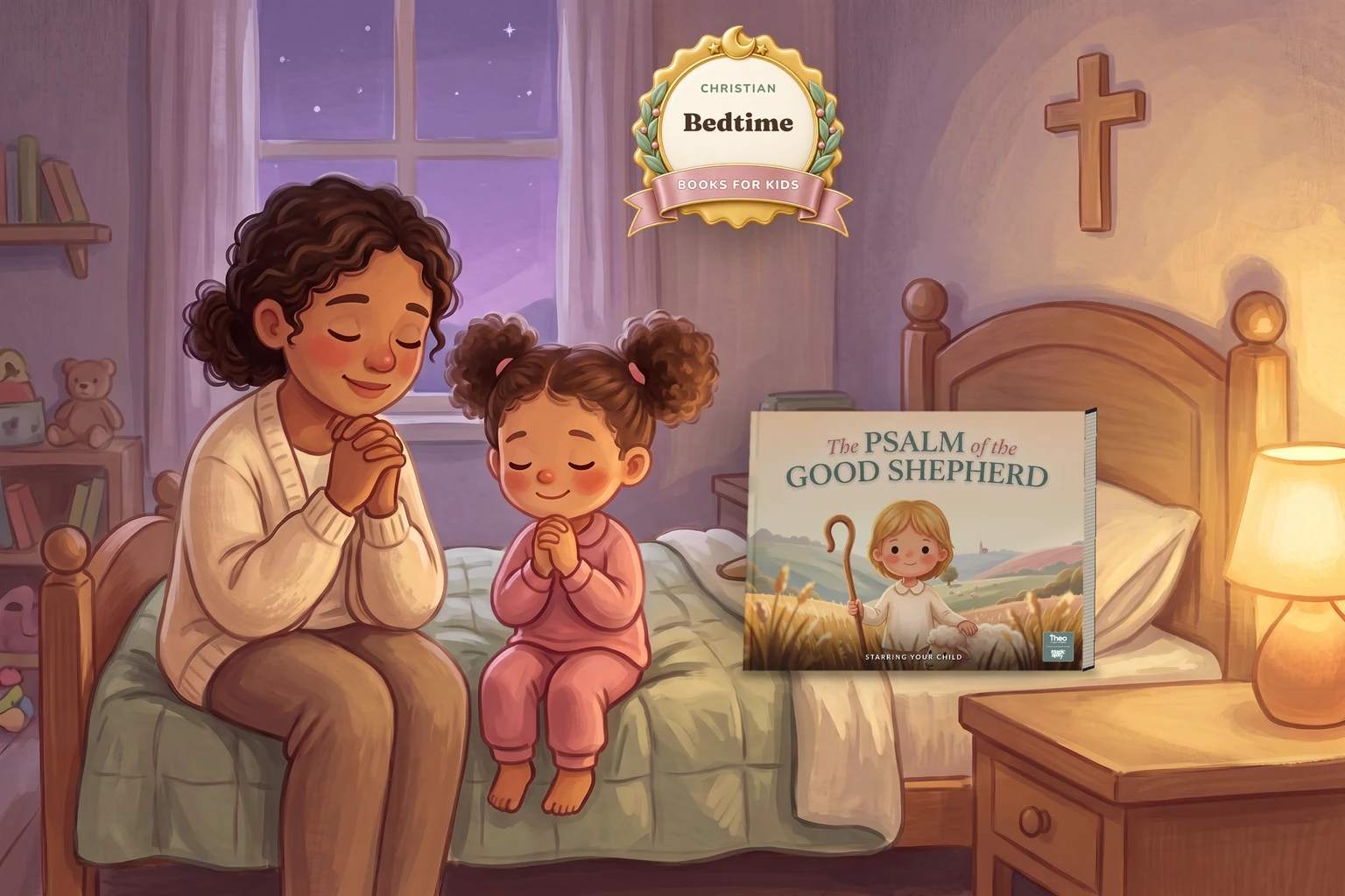 A mother and her young daughter sit on the edge of the bed with folded hands and closed eyes, beside a hardcover of The Psalm of the Good Shepherd.