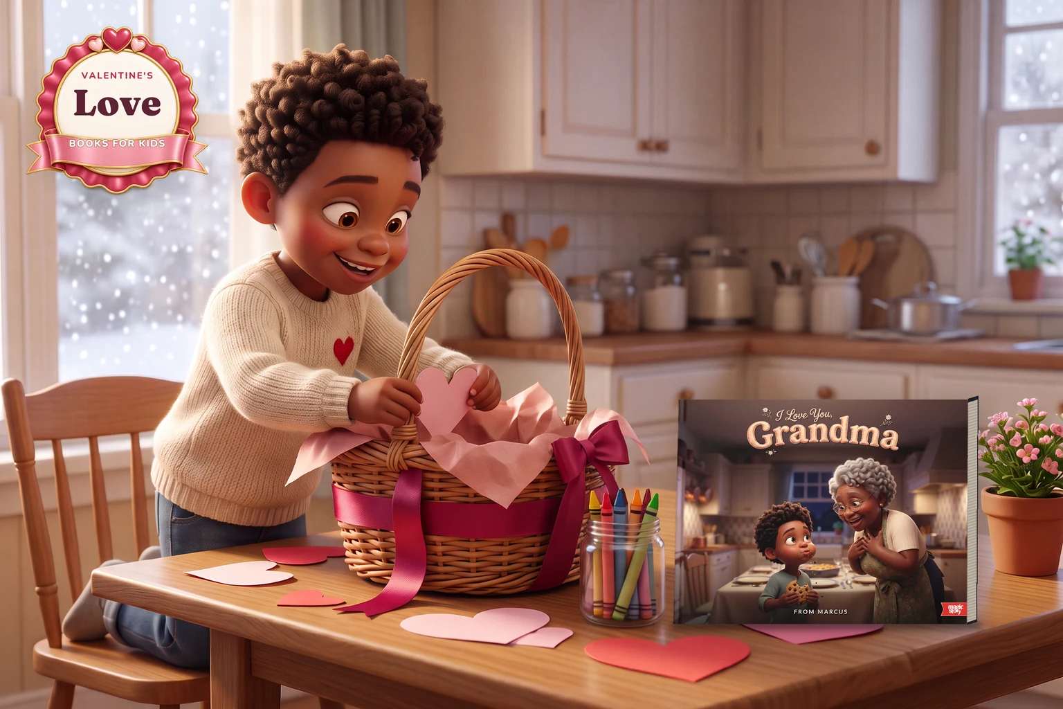 A boy tucks a paper heart into a ribbon-tied gift basket on the kitchen table, beside a hardcover of I Love You Grandma.