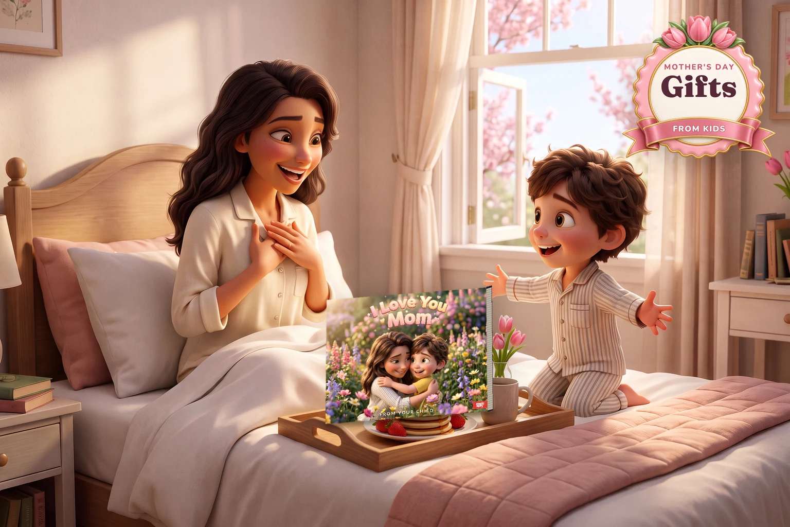 A boy in striped pajamas kneels on the bed with his arms flung open beside a breakfast tray holding the I Love You Mom hardcover, while his mother presses her hands to her heart.