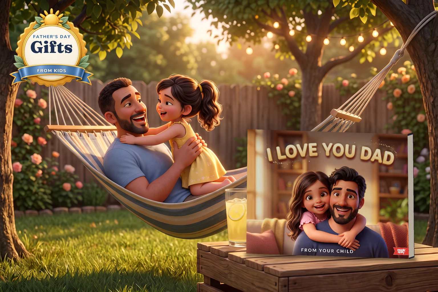 A father in a backyard hammock laughs as his daughter climbs in to hug him, beside a wooden crate holding a glass of lemonade and the I Love You Dad hardcover.