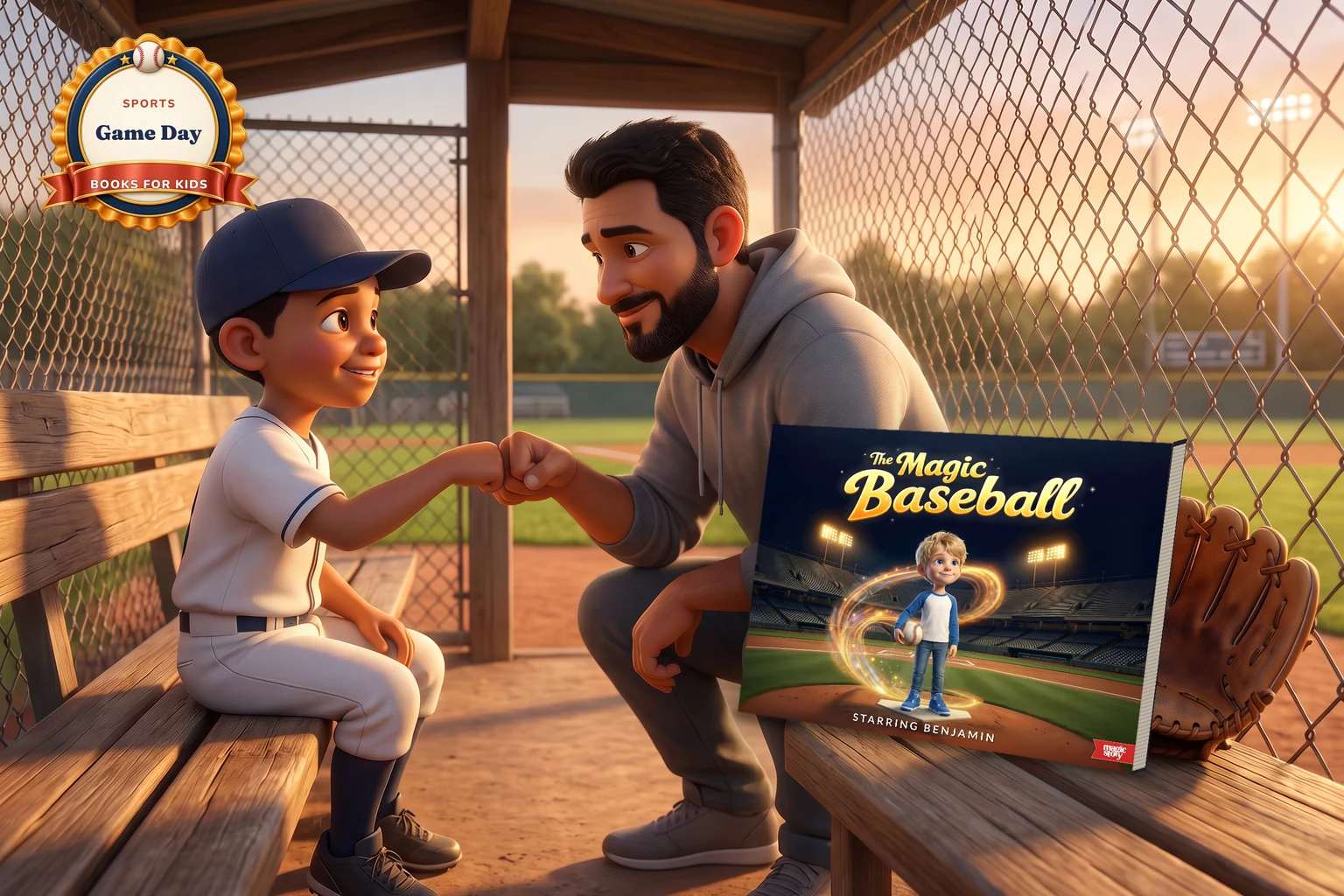 A boy in a plain baseball uniform bumps fists with his dad on a dugout bench at golden hour, beside a hardcover of The Magic Baseball leaning on a glove.