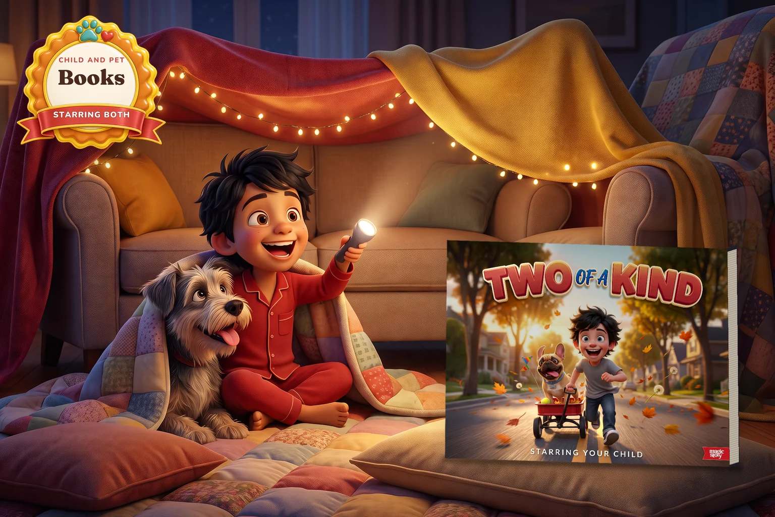 A boy in red pajamas shines a flashlight up at the roof of a blanket fort while a scruffy grey dog sits under the quilt with him, beside the Two of a Kind hardcover.