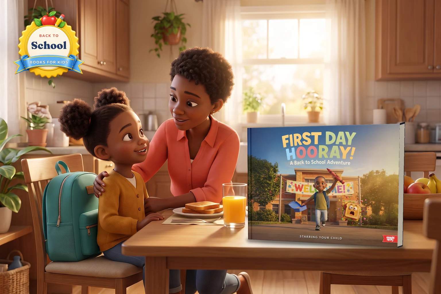 A girl with a big teal backpack smiles up at her mother at the breakfast table on the first morning of school, beside a hardcover of First Day Hooray.