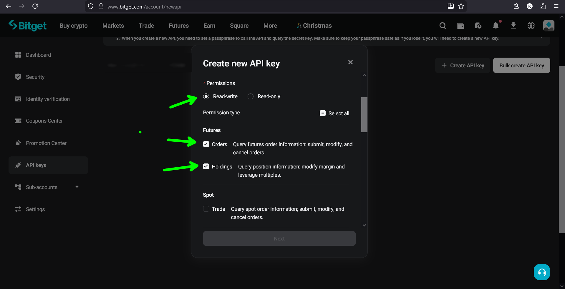 Bitget Permissions Setup