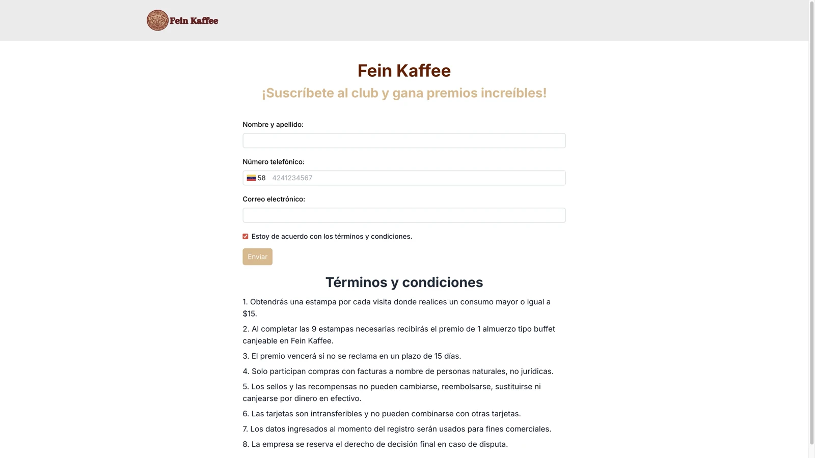 Fein Kaffee Loyalty Registration Portal
