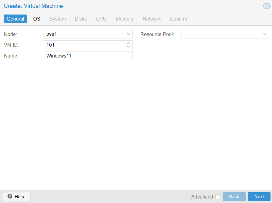 Proxmox create virtual machine window General tab