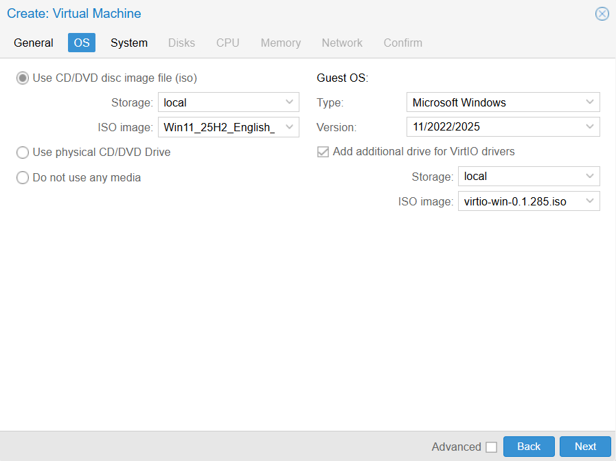 Proxmox create virtual machine window OS tab