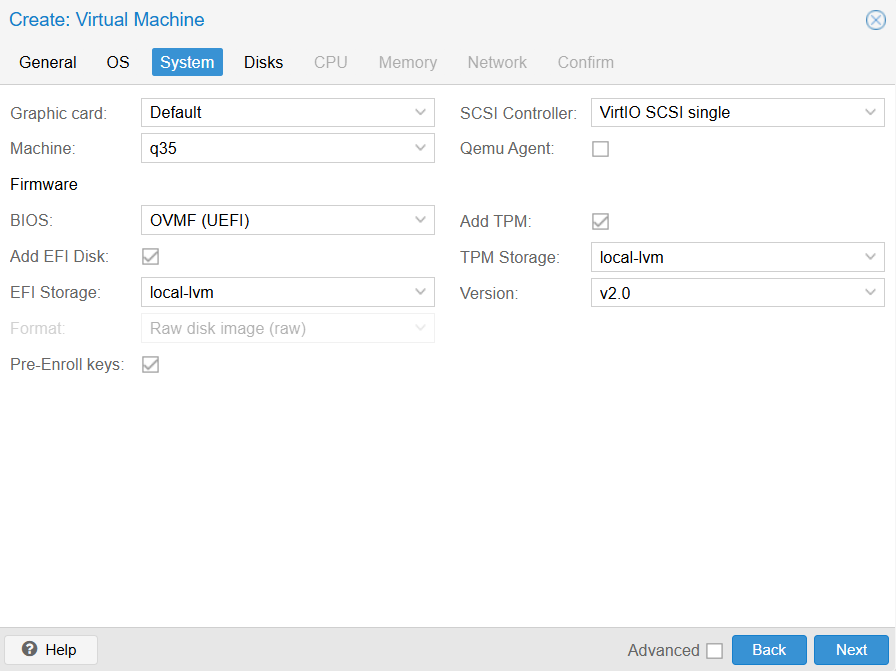 Proxmox create virtual machine window System tab