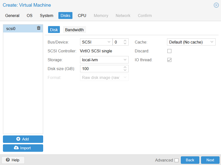 Proxmox create virtual machine window Disks tab