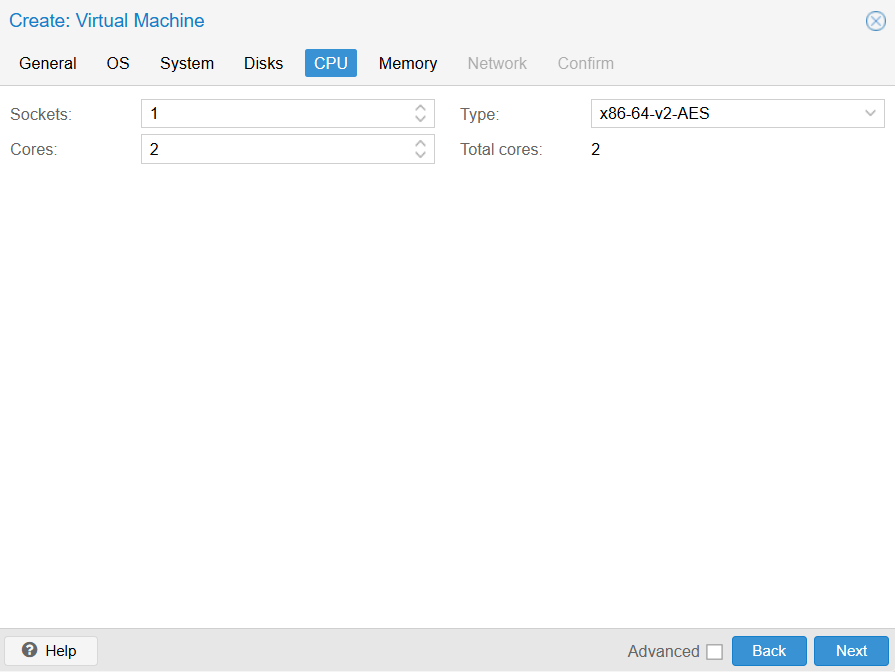 Proxmox create virtual machine window CPU tab