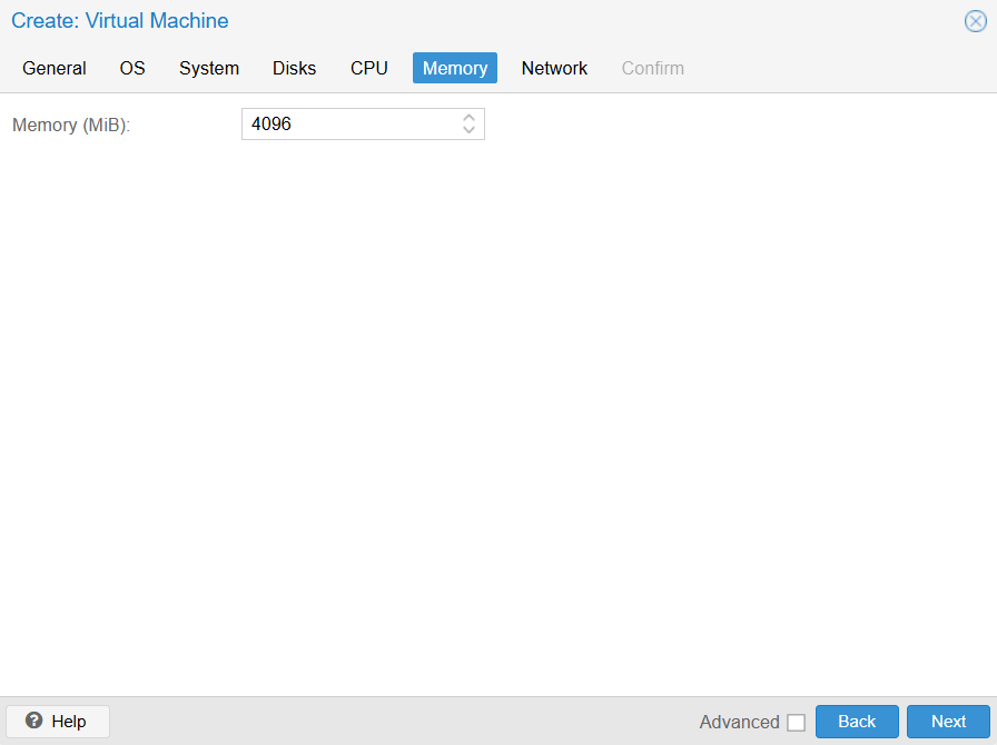 Proxmox create virtual machine window Memory tab