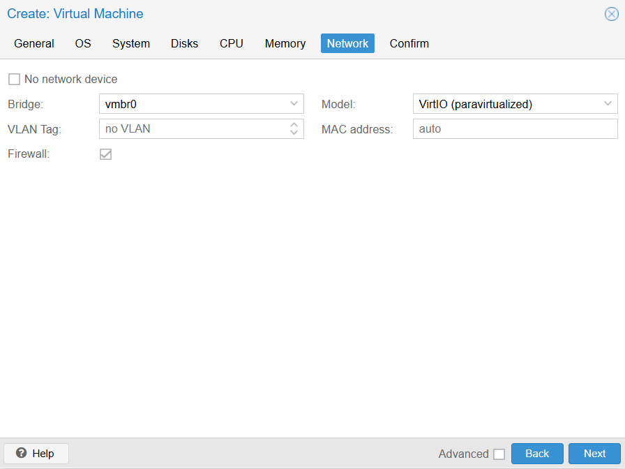 Proxmox create virtual machine window Network tab