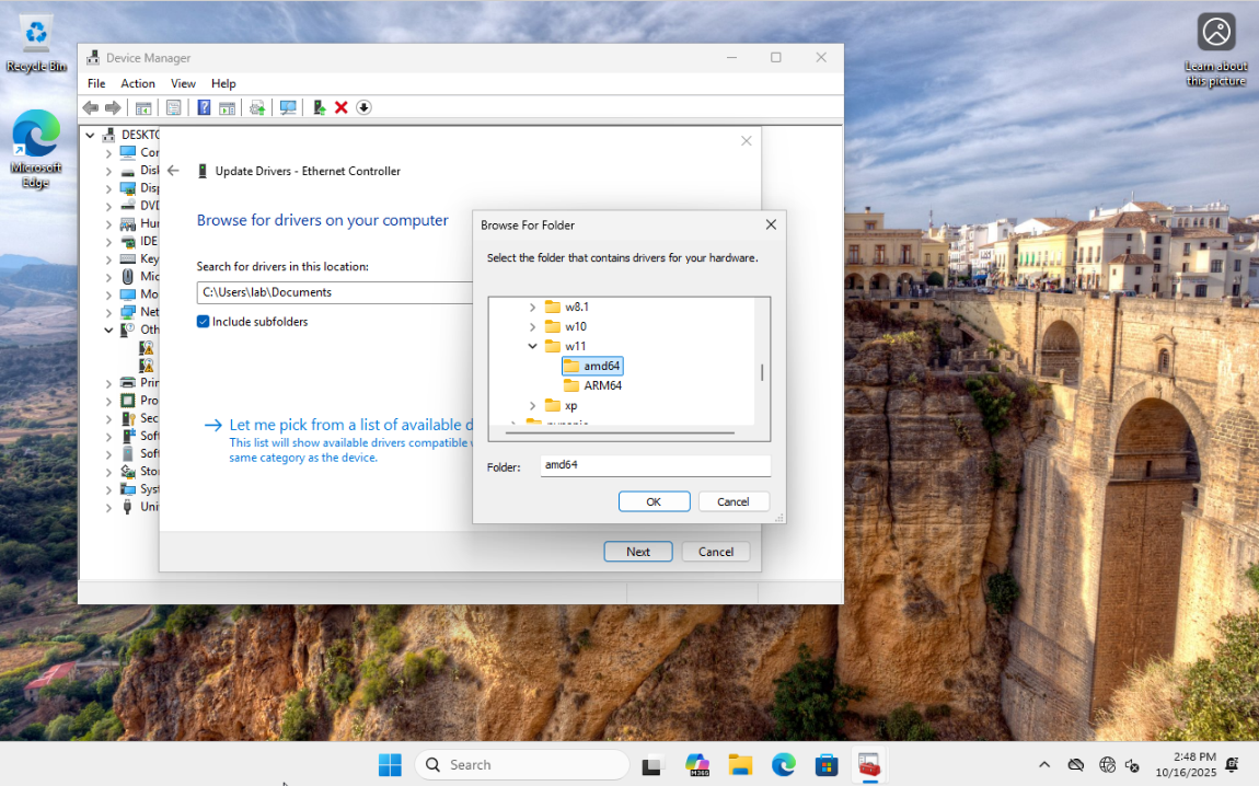 Windows 11 desktop with Device Manager Browse for drivers window open