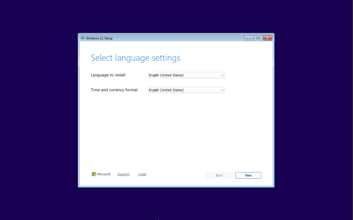 Windows 11 installation Select language settings screen