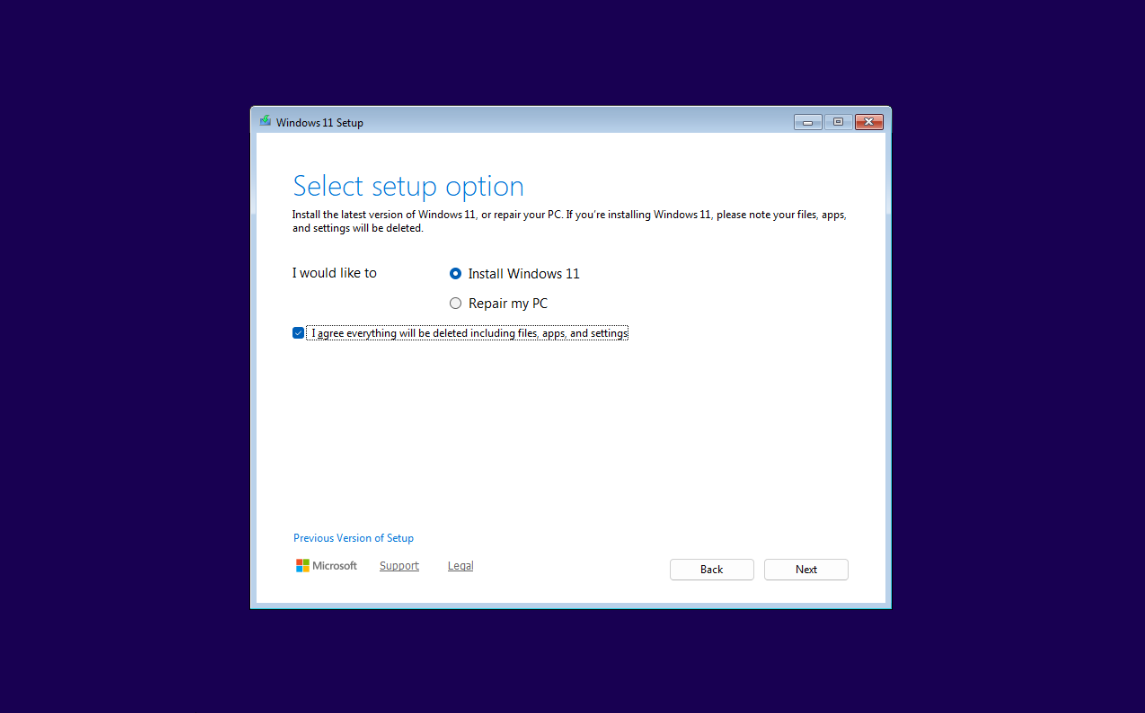 Windows 11 installation Select setup option screen