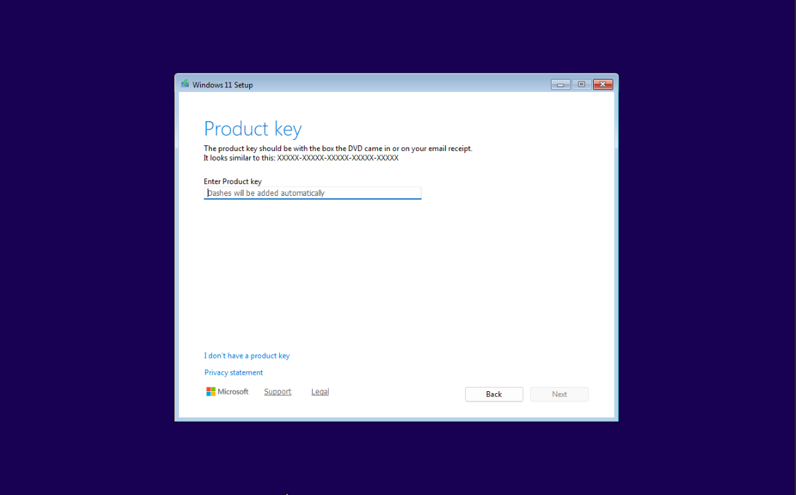 Windows 11 installation Product key screen