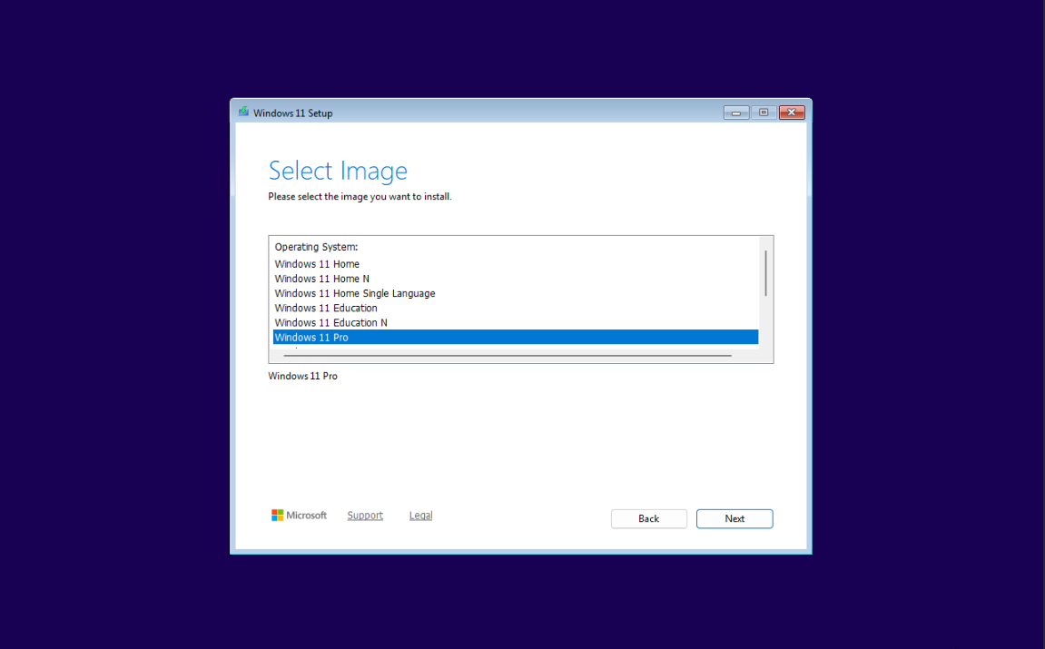 Windows 11 installation Select Image screen