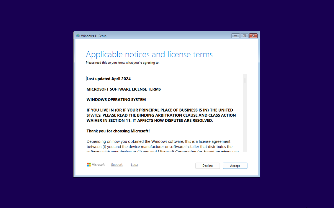 Windows 11 installation Applicable notices and license terms screen