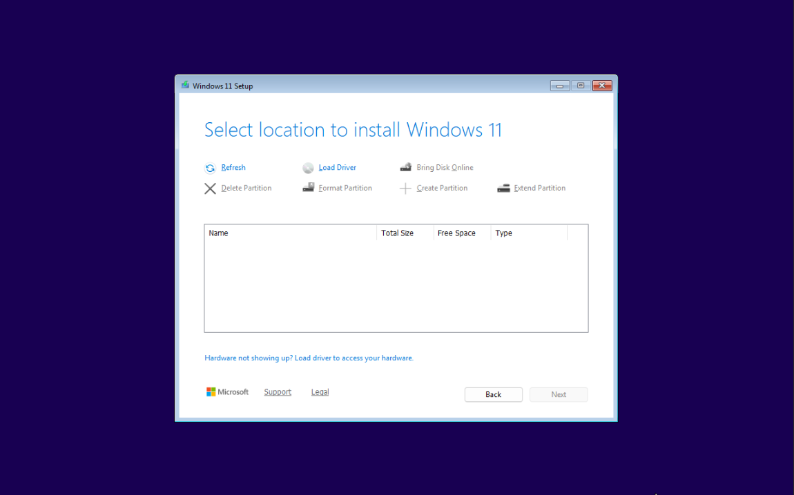Windows 11 installation Select location to install Windows 11 screen