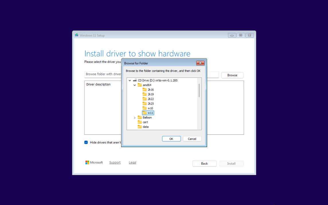 Windows 11 installation Install driver to show hardware screen