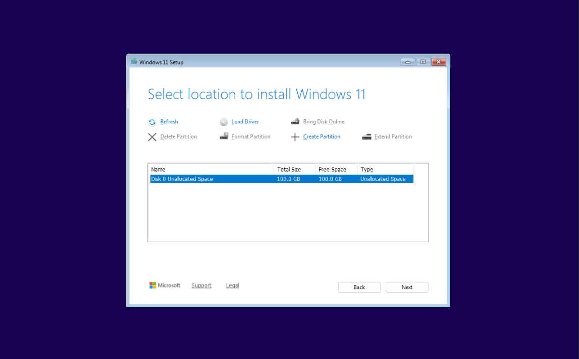 Windows 11 installation Select location to install Windows 11 screen with Disk highlighted
