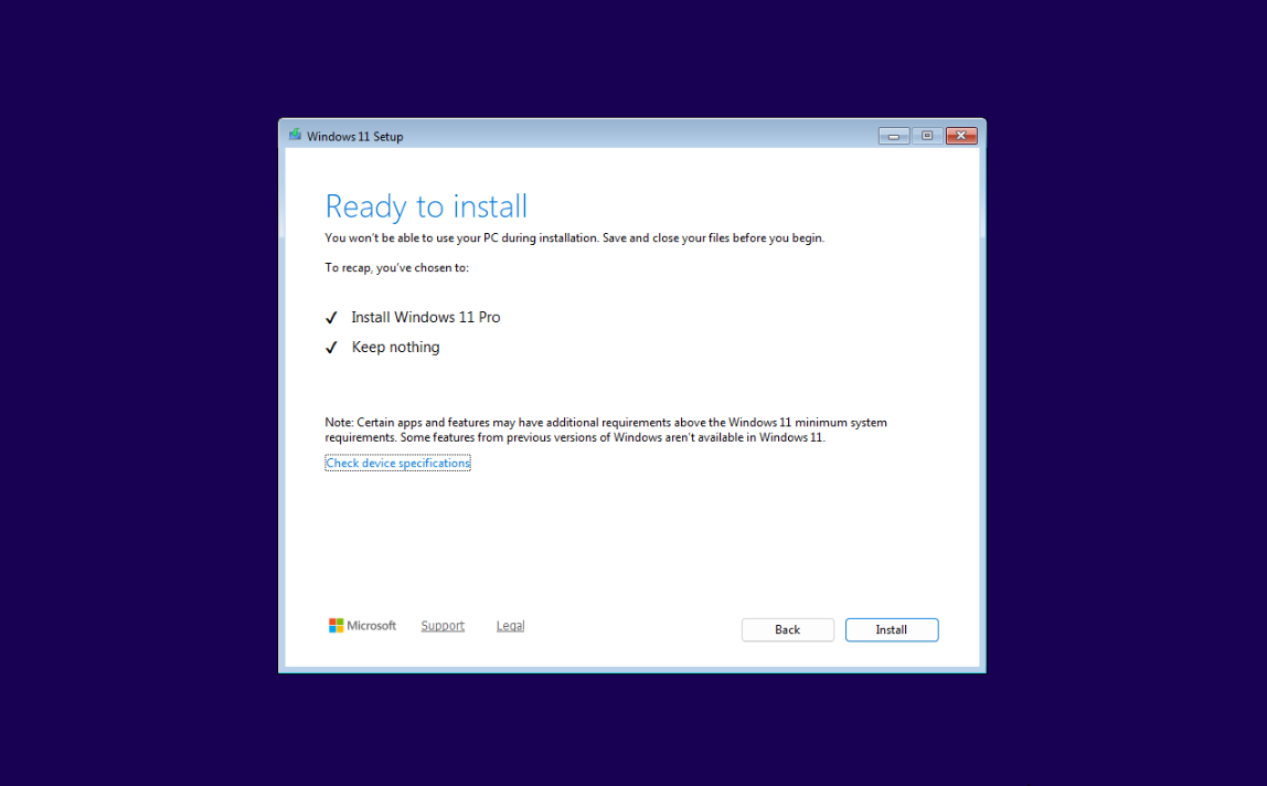 Windows 11 installation Ready to install screen