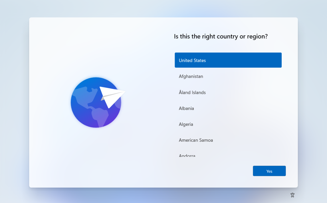 Windows 11 installation Is this the right country or region? screen