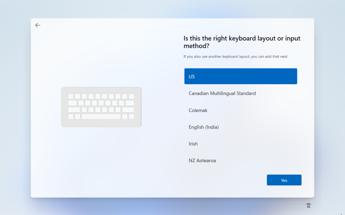 Windows 11 installation Is this the right keyboard layout or input method? screen