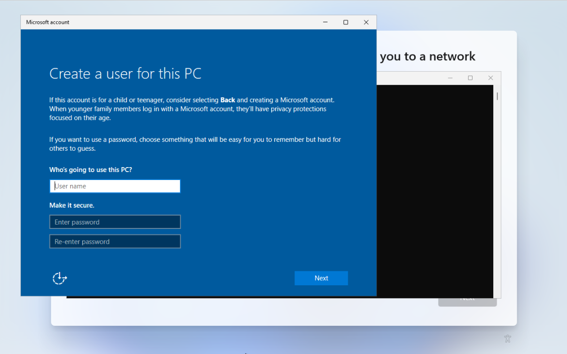 Windows 11 installation Microsoft account Create a user for this PC pop-up window