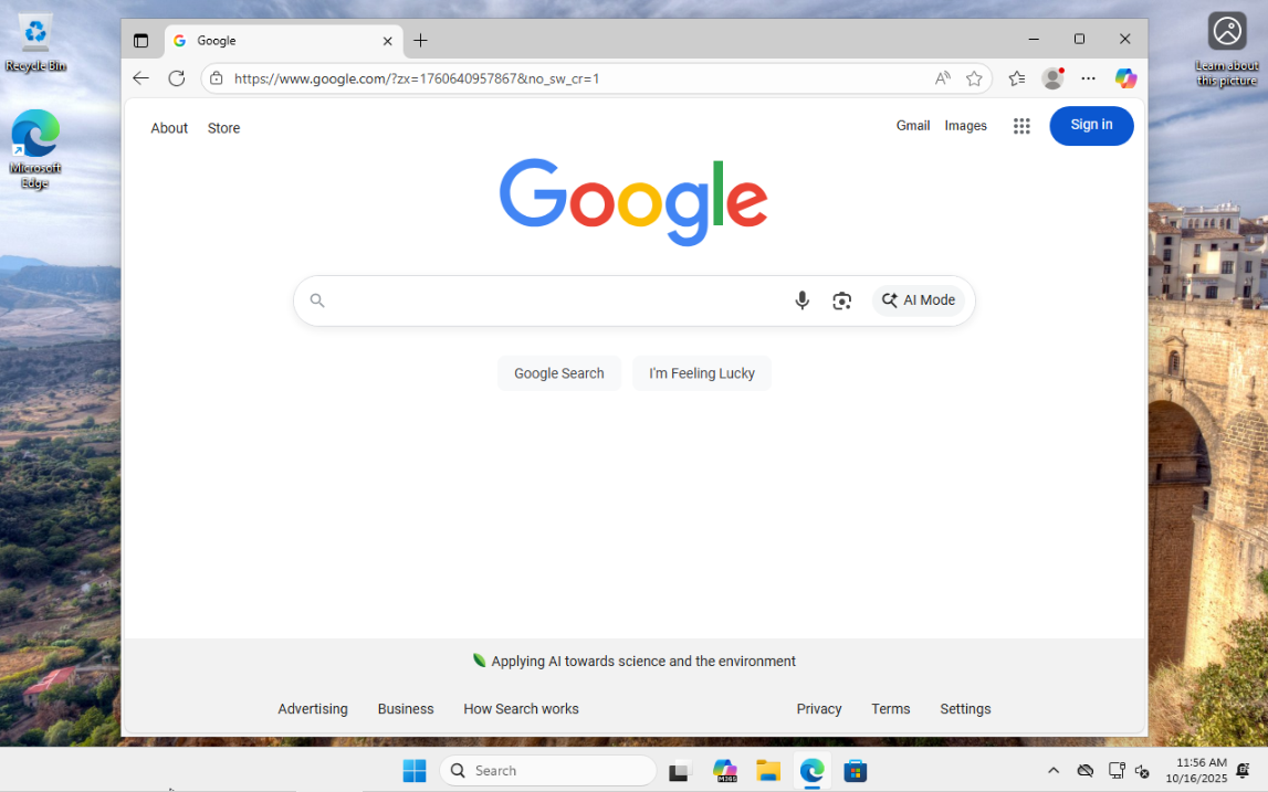 Windows 11 desktop with Microsoft Edge open showing google.com