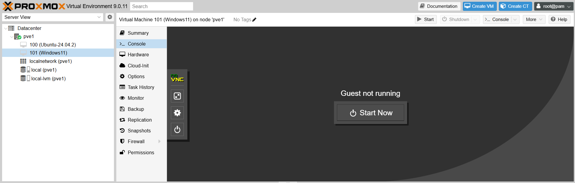 Proxmox dashboard showing the Windows 11 VM console