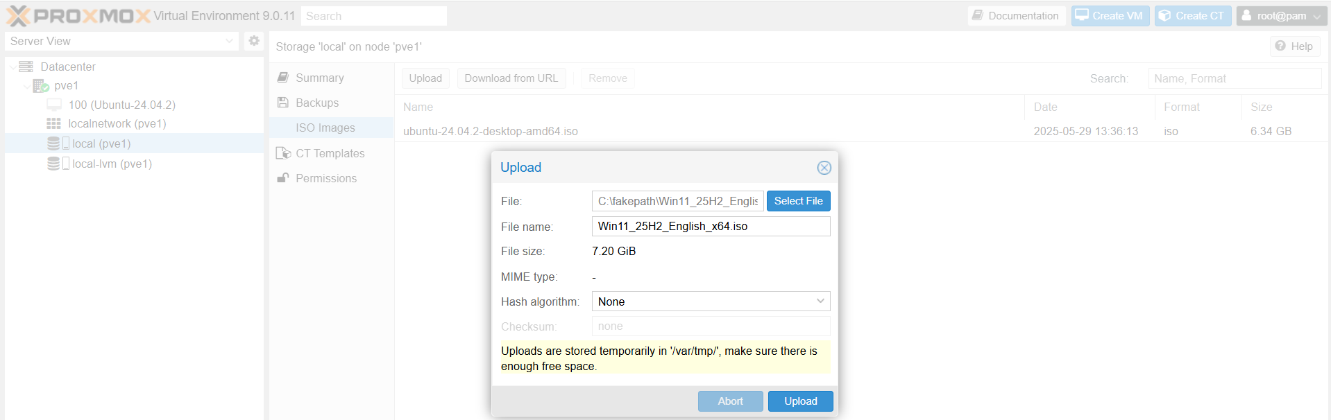 Proxmox ISO image upload window