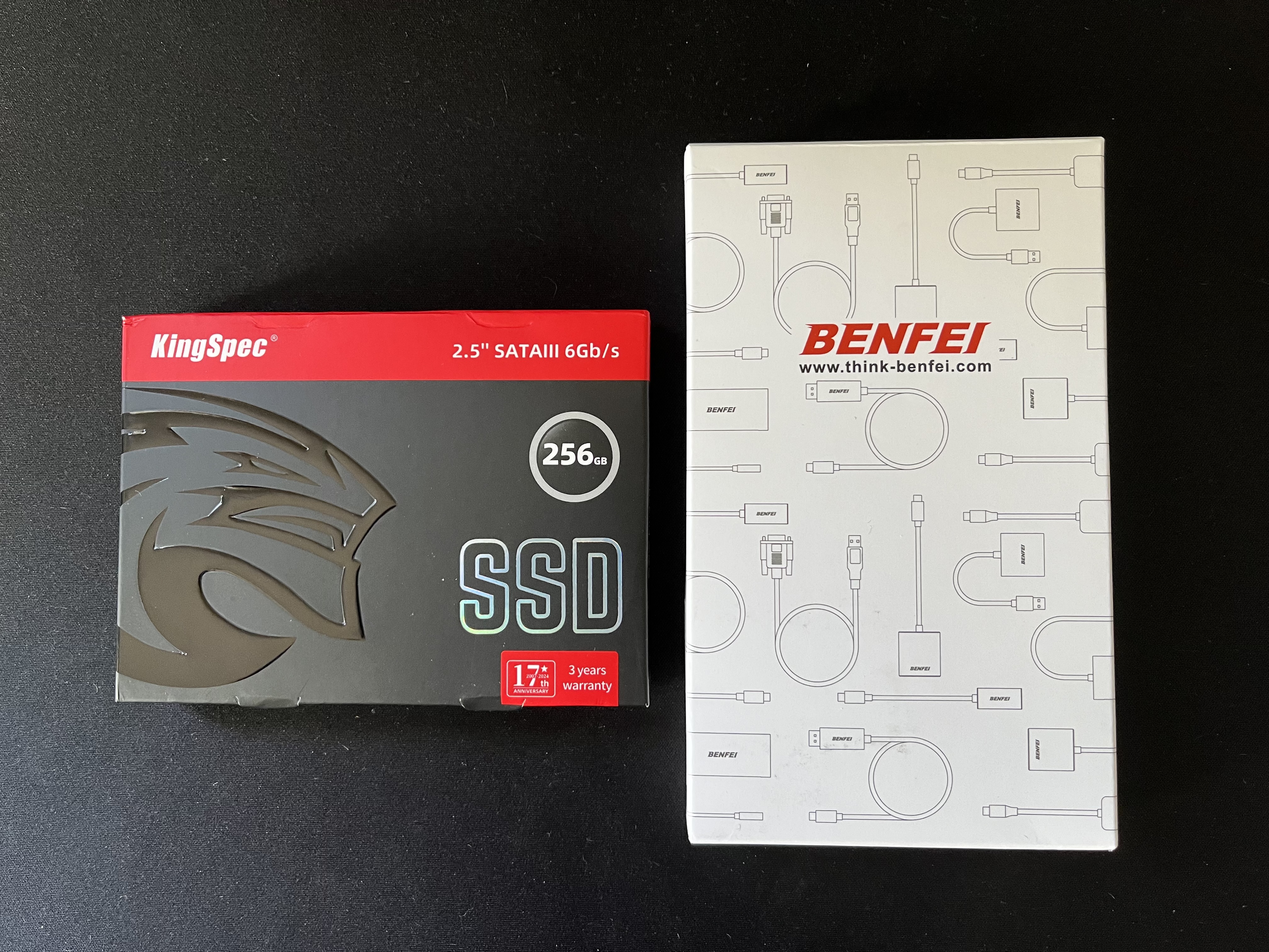 KingSpec 256GB 2.5" SATA 3 SSD and Benfei SATA to USB adapter boxes